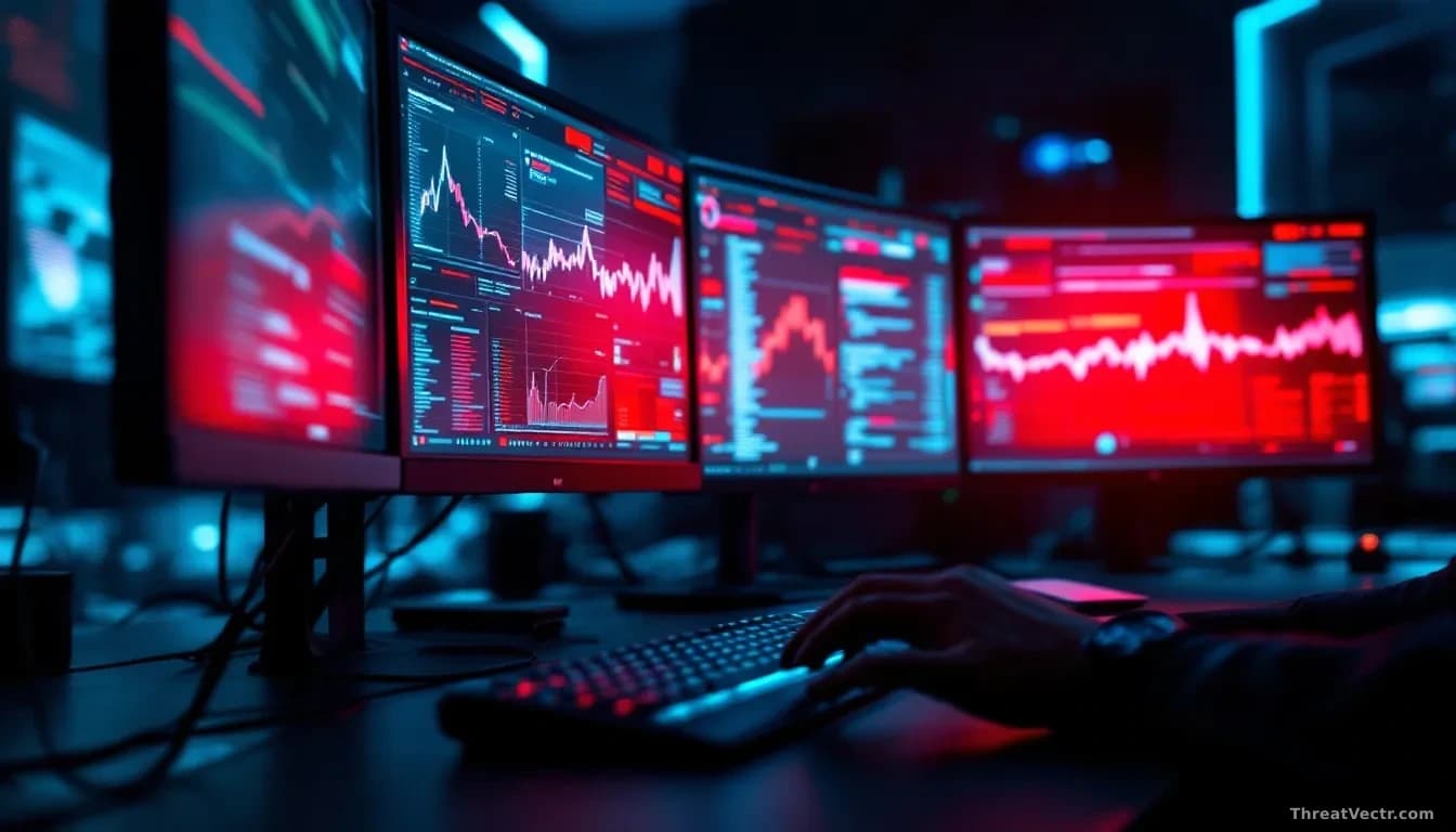 Full-frame photoreal editorial image of a dim security operations centre at night, multiple monitors showing red alert dashboards and cascading log lines, one s