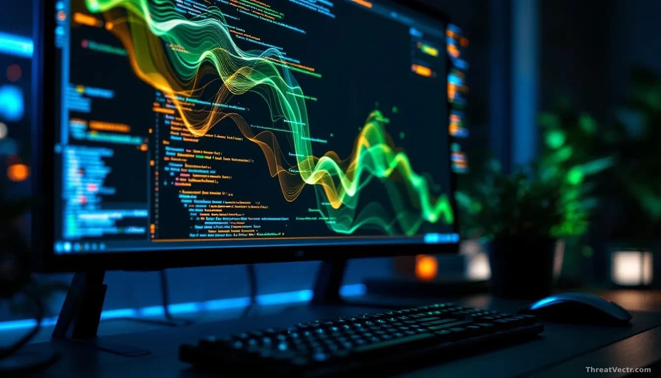 Full-frame photoreal editorial image of a darkened developer workstation with a large monitor showing abstract cascading package dependency graphs in green and