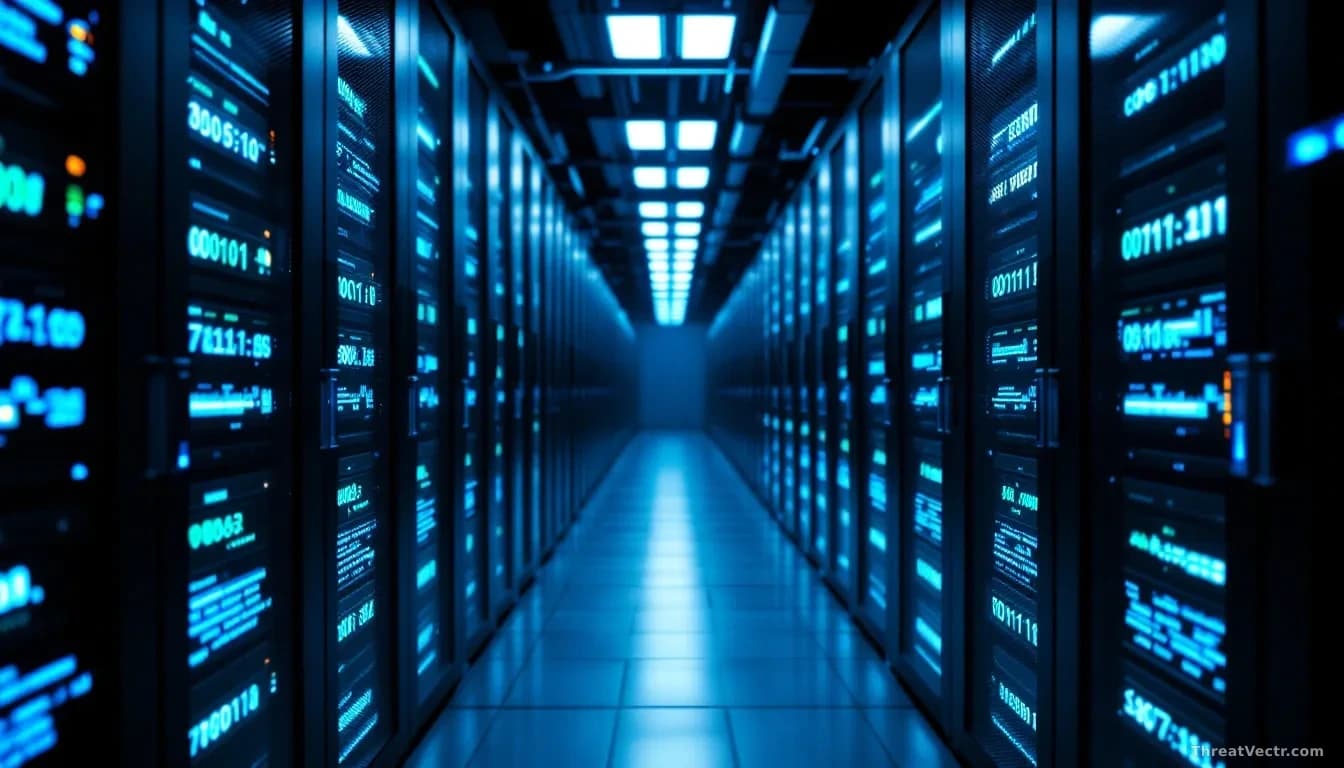 Full-frame edge-to-edge photoreal editorial image of a dimly lit server room with rows of blue-lit racks, one open rack showing a laptop displaying an abstract