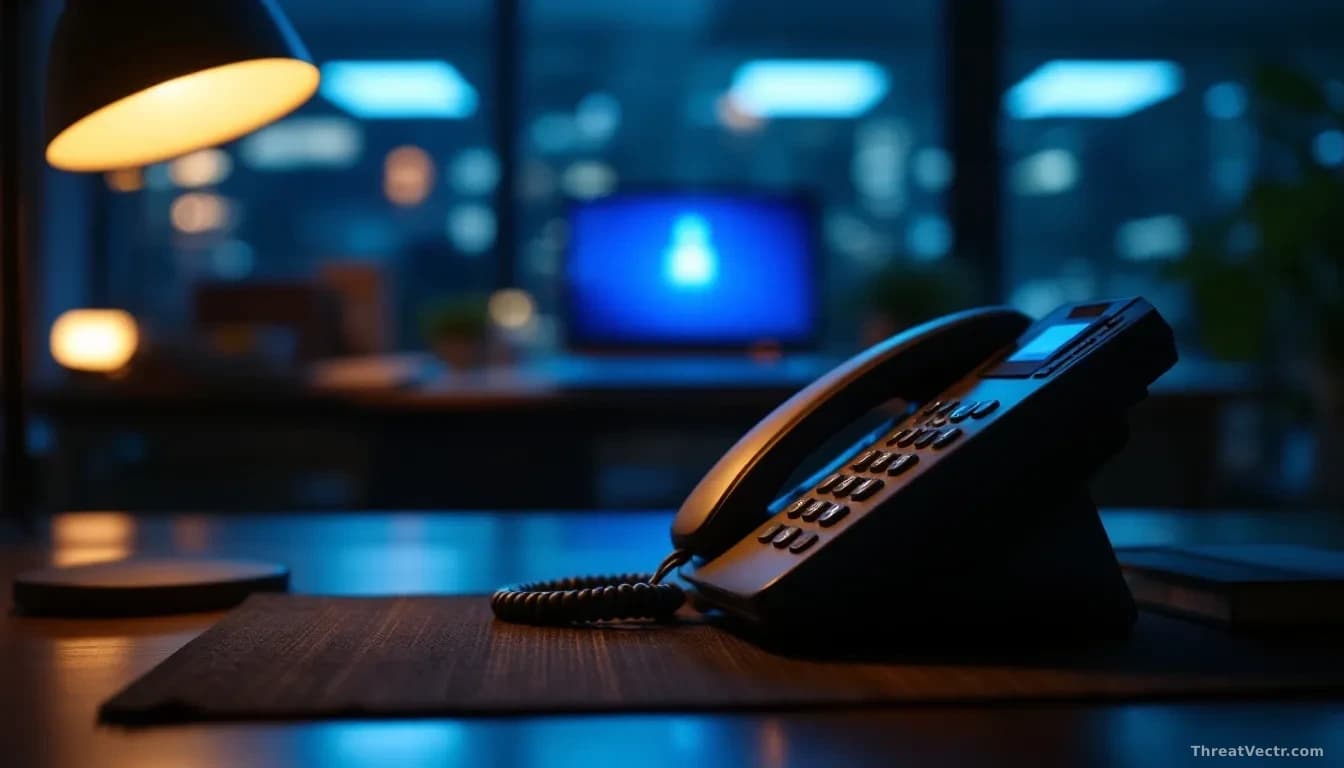 Full-frame photoreal editorial shot of a dimly lit open-plan office at night, a desk phone glowing under a single lamp, a laptop screen out of focus in the back