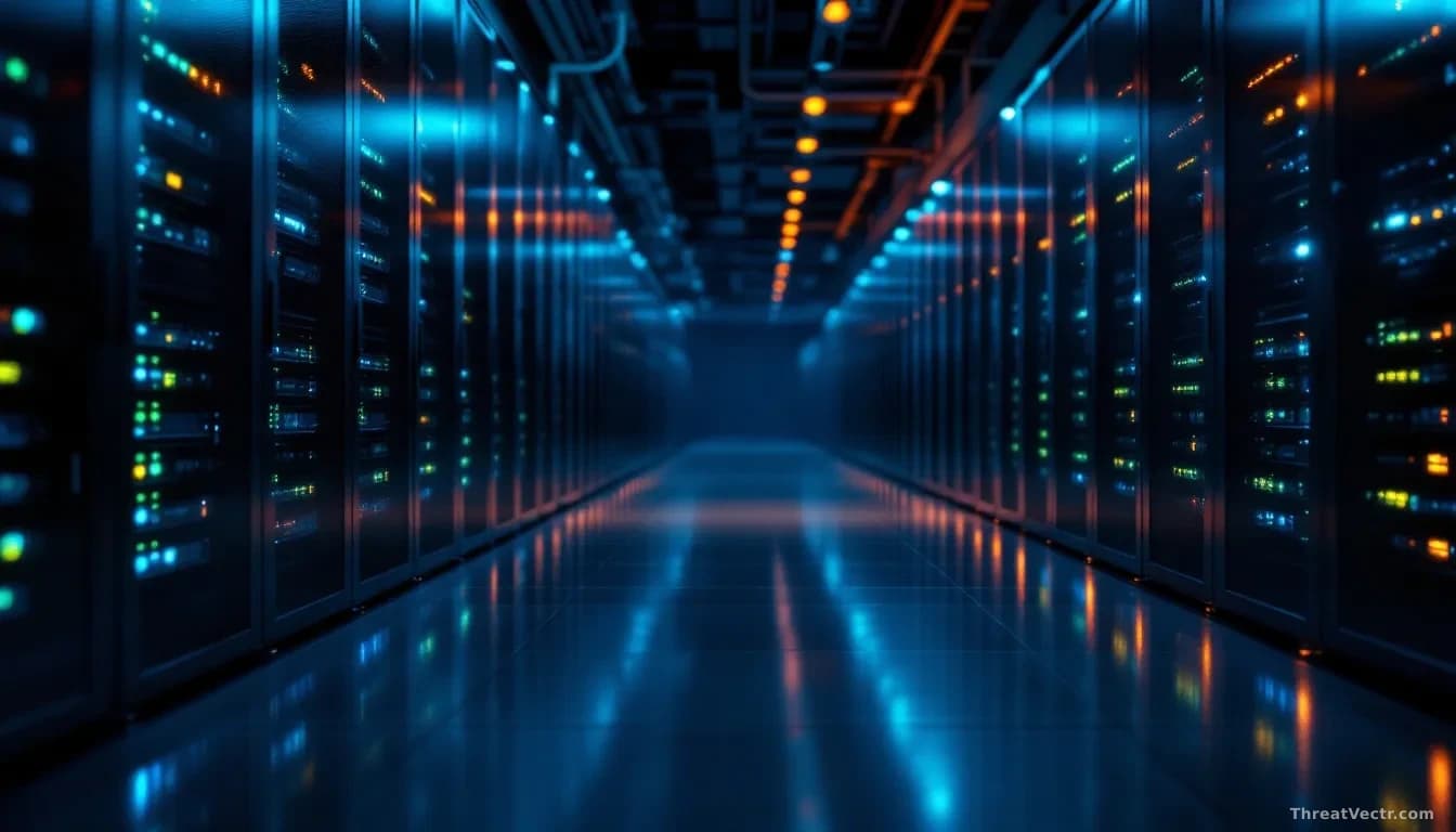 Full-frame edge-to-edge photoreal news-editorial shot of a dim server room aisle at night, rows of dark server racks with faint green and amber status lights re