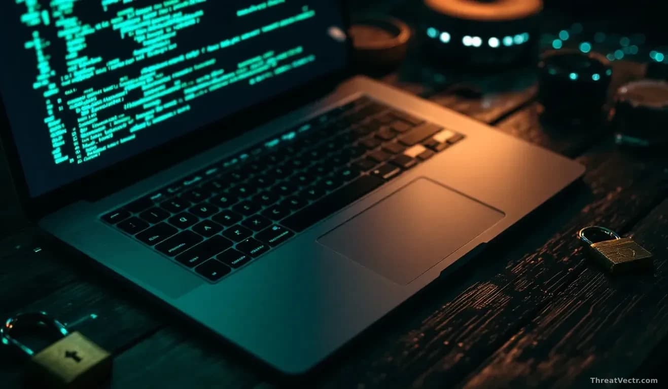 Full-frame edge-to-edge overhead photoreal shot of a developer's dark wooden desk at night, a laptop screen glowing with abstract green code, a small physical h