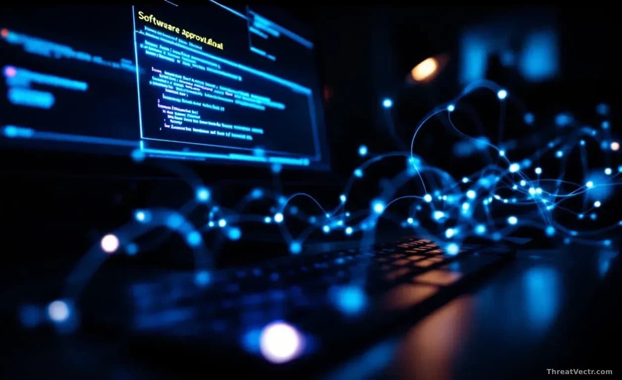 A close-up, sharply focused 16:9 editorial photograph of a developer's keyboard and monitor in a dimly lit office at night