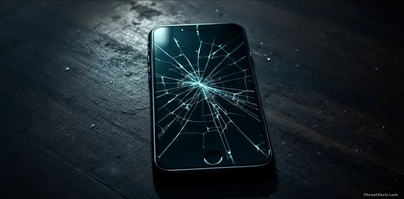 A cracked smartphone screen lying face-up on a dark wooden table, the shattered glass reflecting a dim overhead light, photographed from directly above in sharp