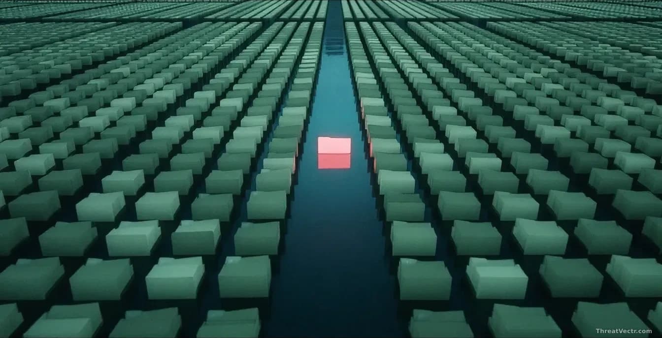 Photoreal news-editorial 16:9 image of hundreds of identical pale green folders arranged in a vast dark grid, viewed from a low angle, with a single folder glow