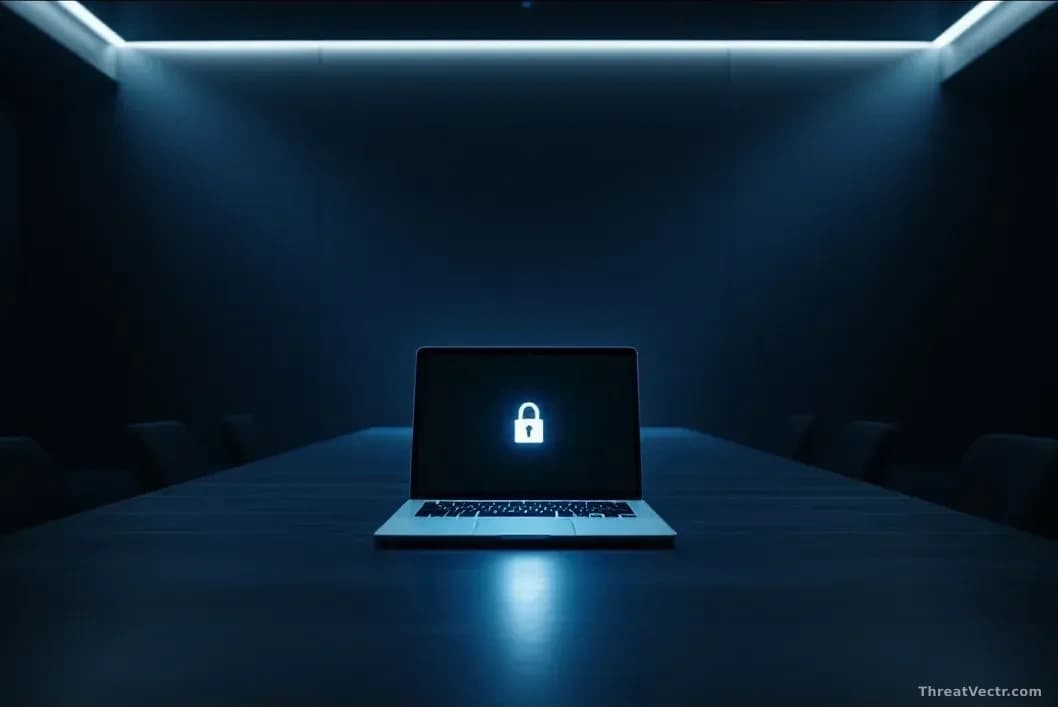 Photoreal editorial shot of an empty modern negotiation room with a single laptop open on a long dark table, a lock icon glowing faintly on the screen, harsh ov