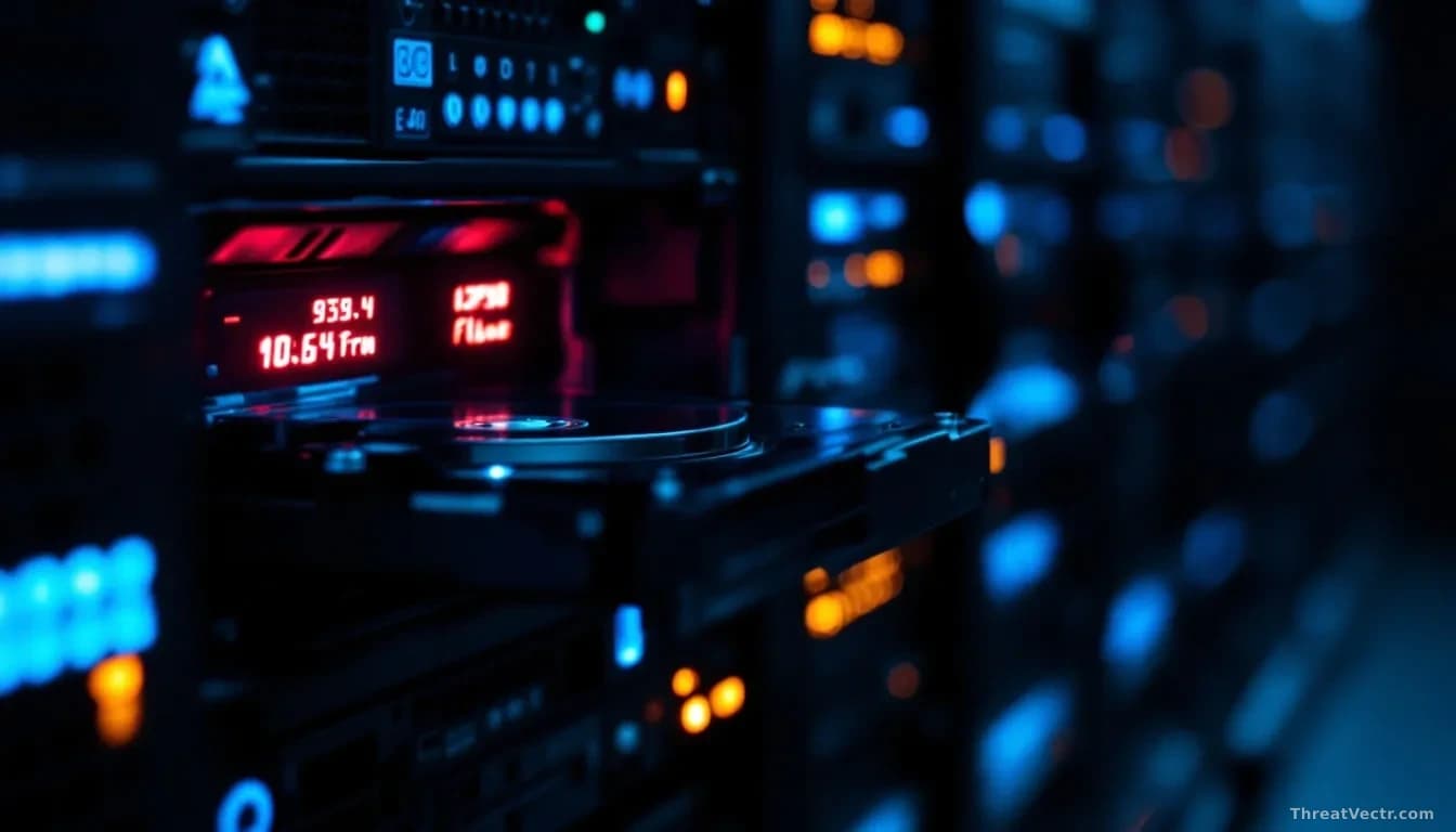 Close-up, editorial news photograph, 16:9 framing, of a server rack in a dark data centre with one hard drive pulled halfway out, its surface reflecting faint r