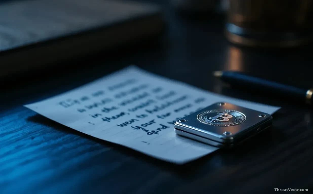 Photoreal news-editorial full-frame 16:9 image of a small metal cryptocurrency hardware wallet resting on a dark wooden desk beside a handwritten paper card wit