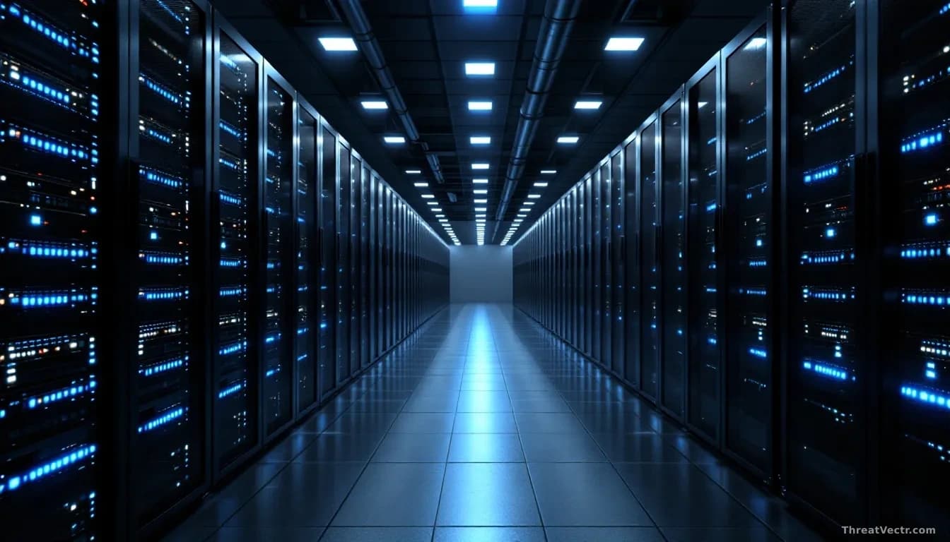 A vast, dimly lit server hall photographed head-on, rows of identical racks receding into the distance with only a fraction illuminated by cool blue status ligh