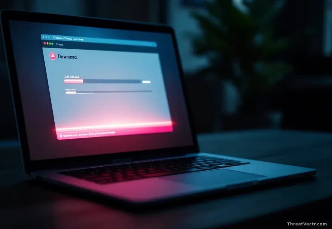 Full-frame photoreal editorial image of a laptop screen showing a generic software installer window mid-download, with a faint reddish glow behind the progress