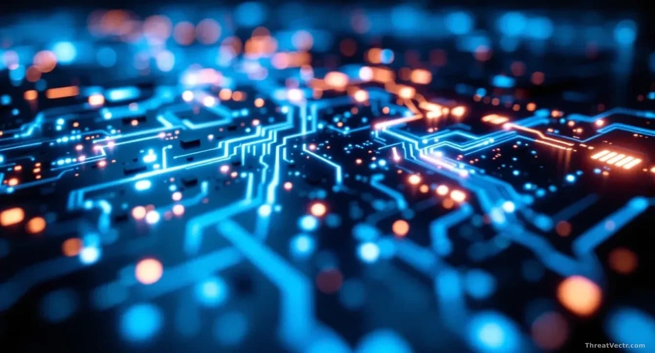 Close-up, edge-to-edge 16:9 photograph of a glowing circuit board with streams of faintly visible text and code cascading across its surface in soft blue and wh