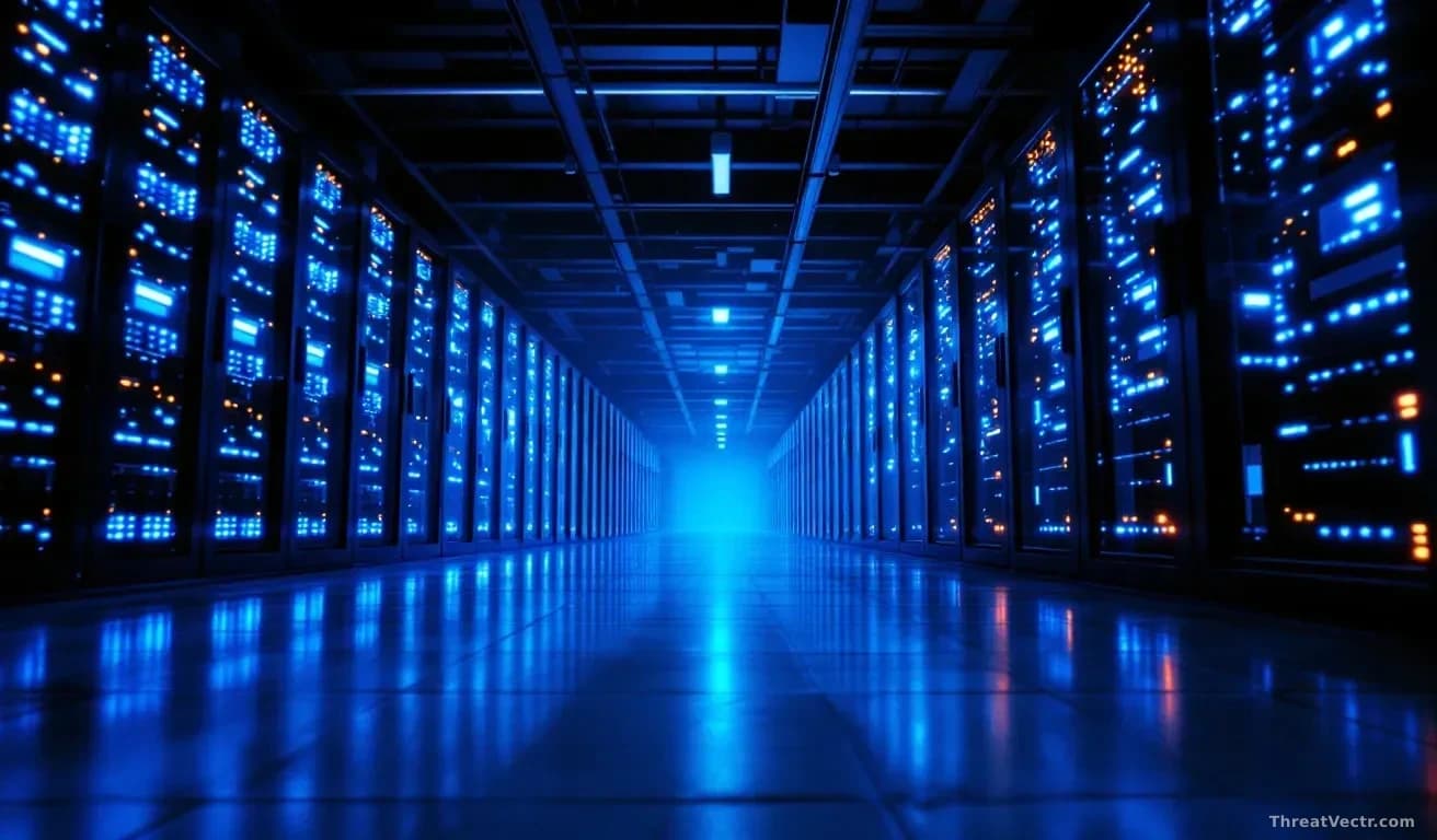 A large illuminated server room at night, rows of blinking blue and amber lights on rack-mounted hardware, a single open rack door casting a faint glow on a pol