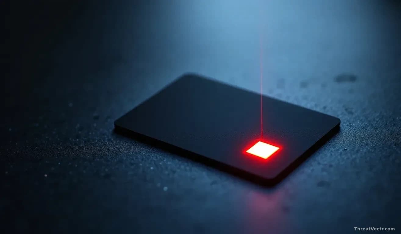 Full-frame overhead photoreal shot of a plain black plastic smartcard resting on a matte laboratory workbench, a single thin red laser beam angled precisely at