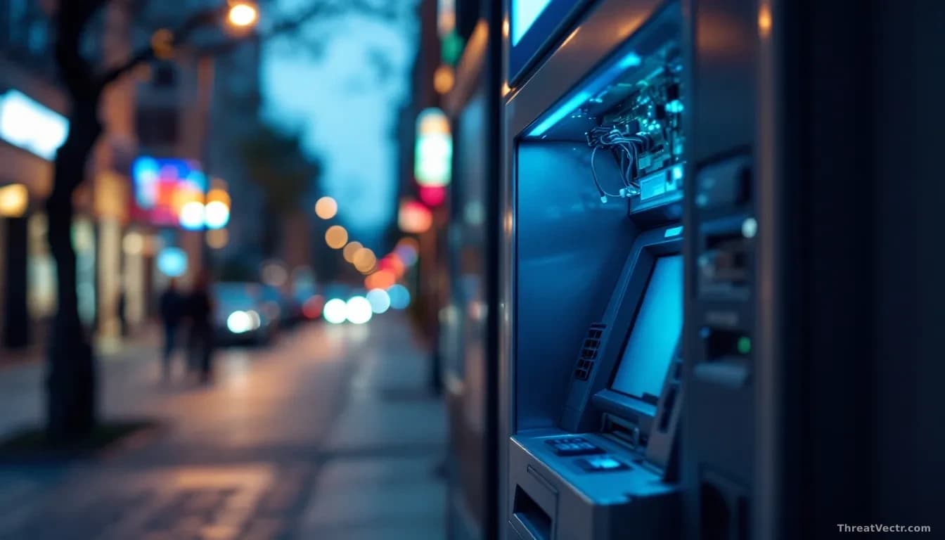 Photoreal news-editorial 16:9 photograph of a modern bank ATM machine viewed from a low angle in a quiet urban street at dusk, the top panel of the machine slig
