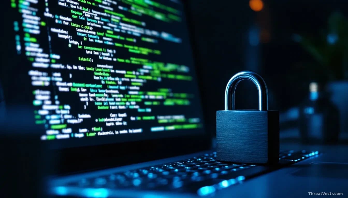 Photoreal news-editorial 16:9 image of a glowing computer monitor in a dimly lit office showing dense lines of green and white code, with a physical padlock sit