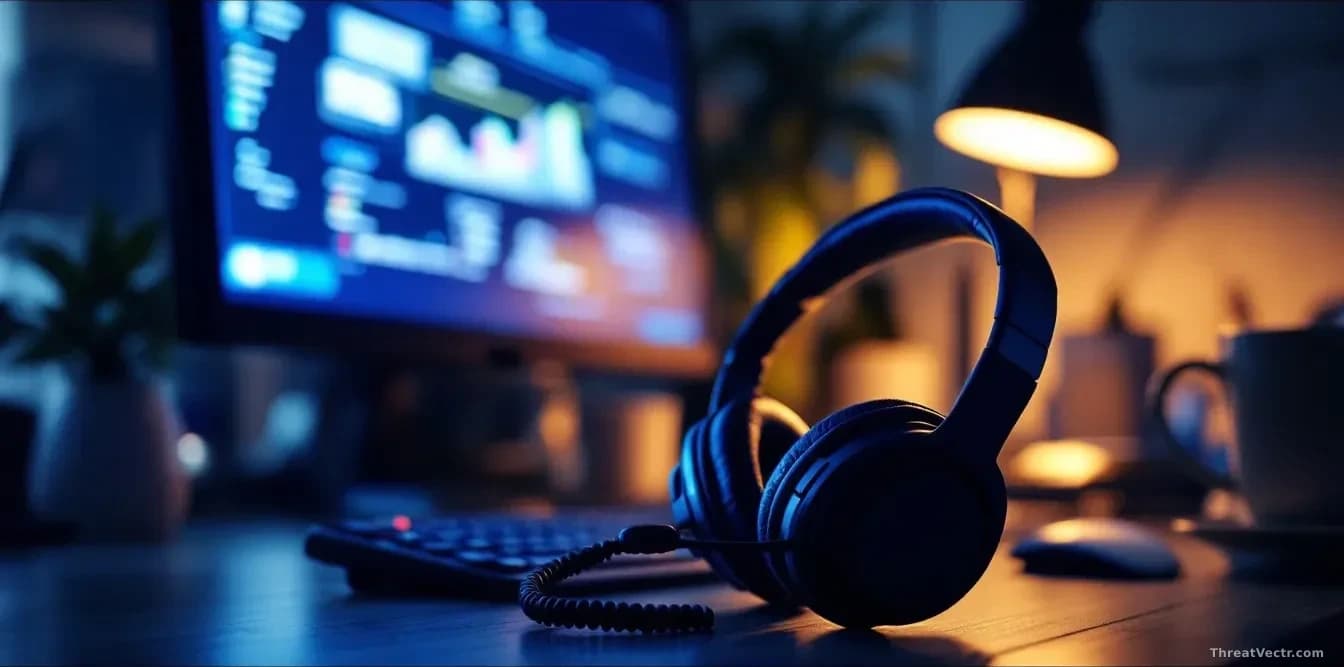 Photoreal editorial image, full frame 16:9, of a dimly lit call centre workstation at night: a headset resting on a keyboard, a blurred screen showing an abstra
