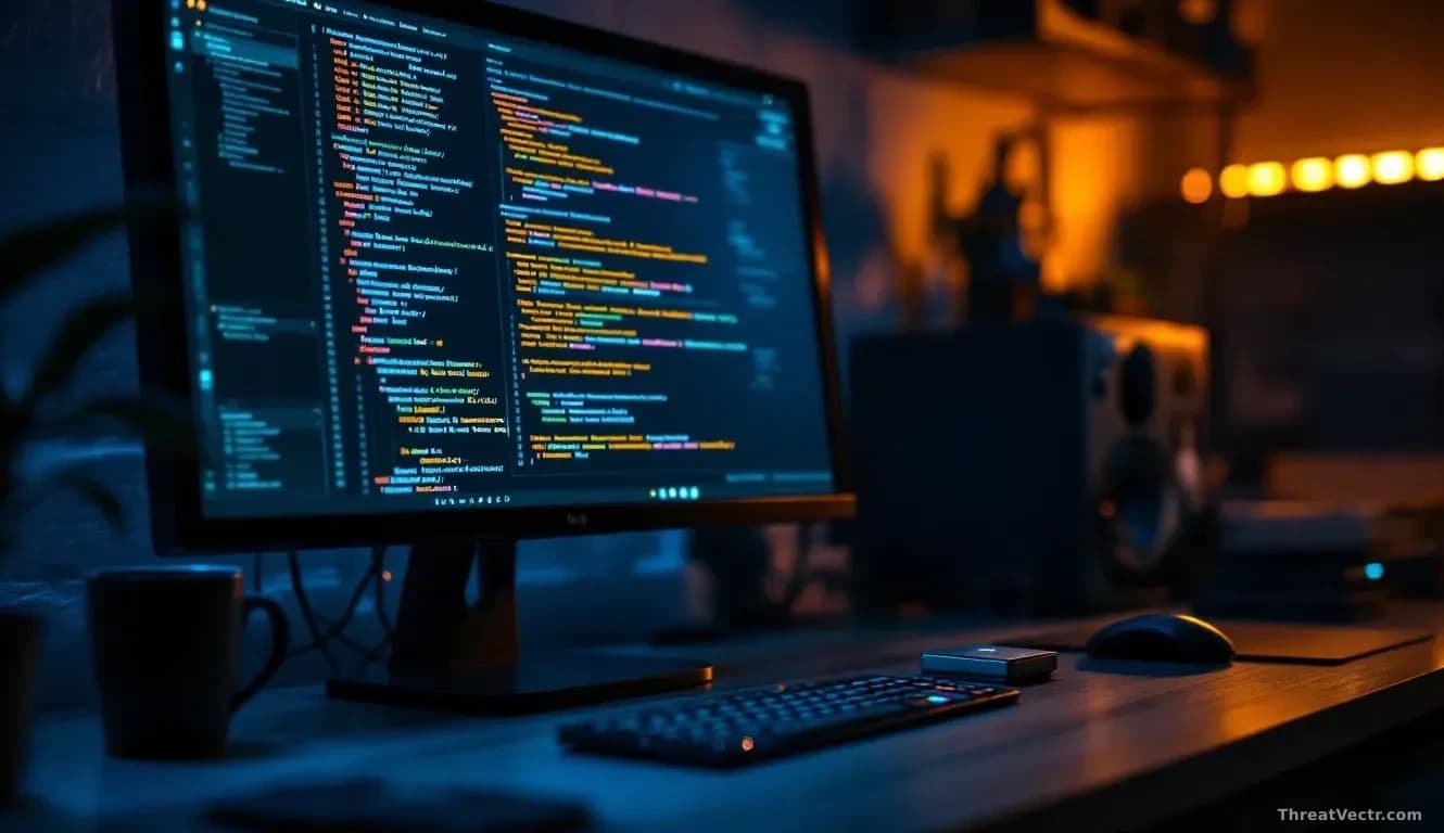 Full-frame overhead photoreal shot of a dimly lit developer workstation at night, glowing monitor showing abstract lines of code and a package manager terminal,