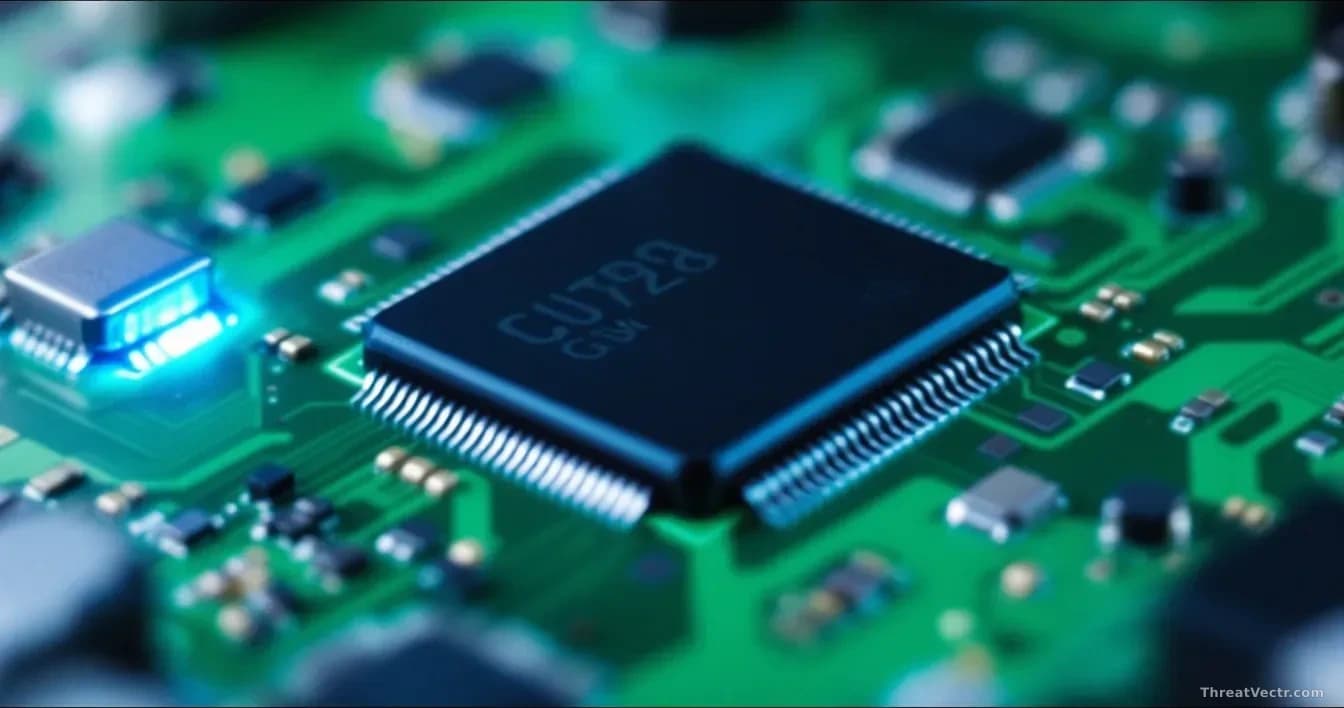 Full-frame close-up of a green circuit board with a prominent black microchip in sharp focus, tiny surface-mount components blurred around it, cool blue LED glo