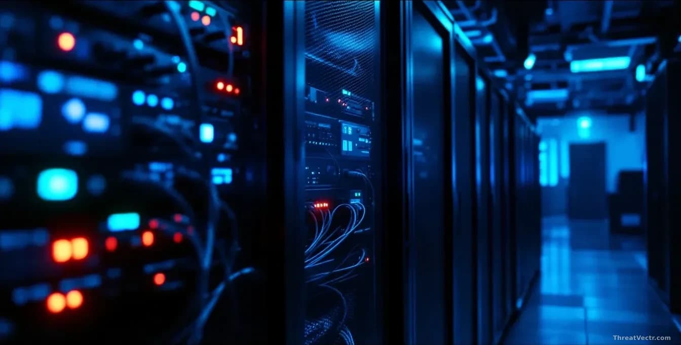 A dim server room bathed in cold blue light, rows of rack-mounted servers with faint red status LEDs, one open cabinet showing tangled fibre cables, shallow dep