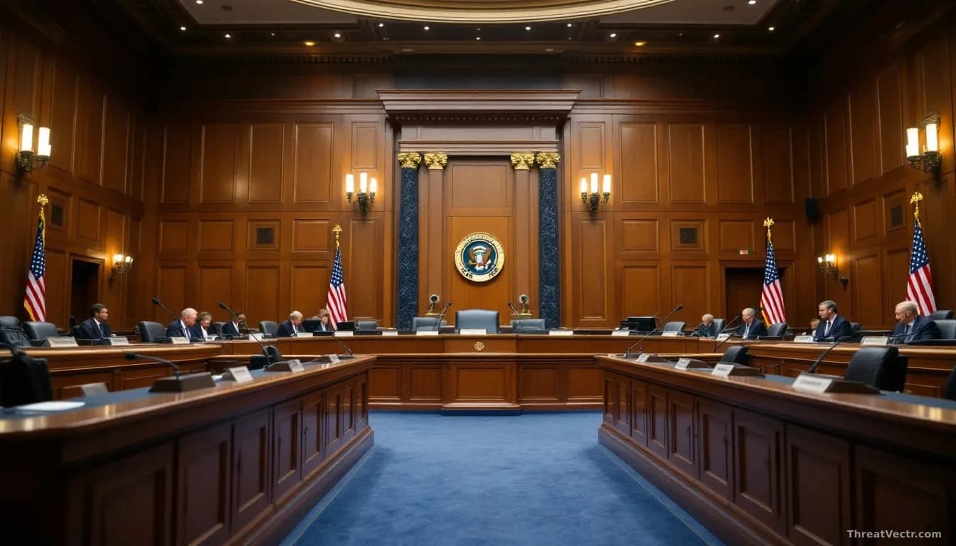 A wide 16:9 editorial photograph of an empty wood-panelled congressional hearing room, rows of microphones on a long curved dais, overhead lights casting a warm