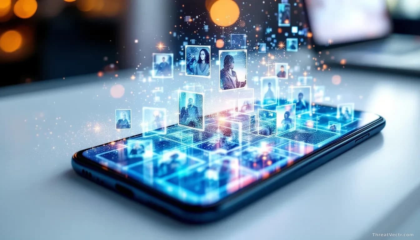 A glowing smartphone screen displaying a grid of identical portrait-shaped photo frames dissolving into swirling digital pixels and abstract colour gradients, p