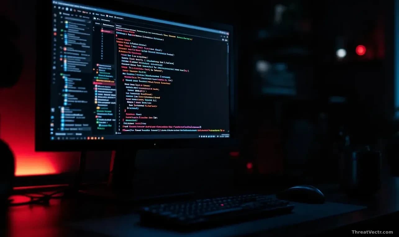 Full frame photoreal editorial shot of a darkened developer workstation with a terminal window glowing on the monitor, an installation progress bar half complet