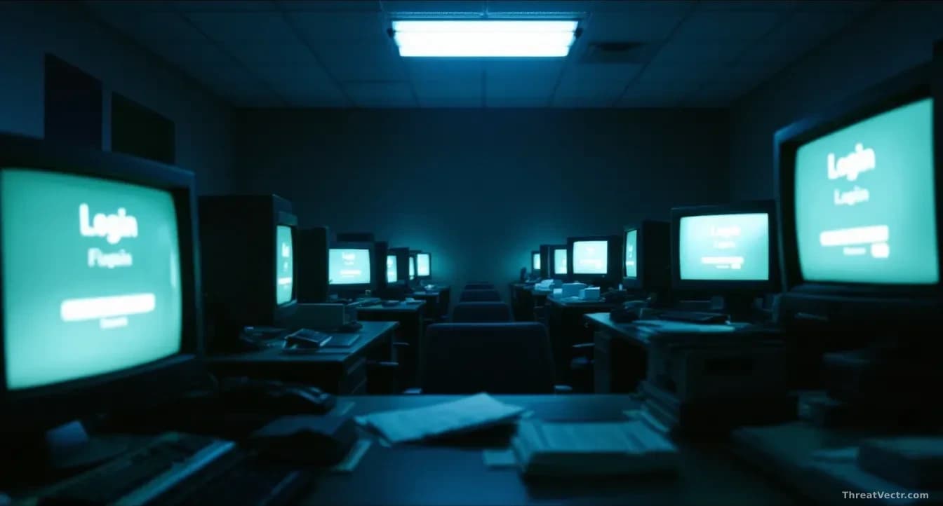A dimly lit government office at night, rows of empty desks with old CRT and flat-screen monitors glowing faintly with generic login prompts, a single overhead