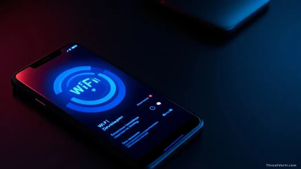 Full-frame overhead photoreal shot of a modern Android smartphone lying on a dark matte desk, screen glowing with an abstract developer settings interface, fain