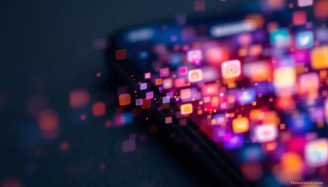 A close-up of a modern smartphone screen showing a blurred, abstract mosaic of colourful social media photo thumbnails dissolving into a soft, glowing digital p
