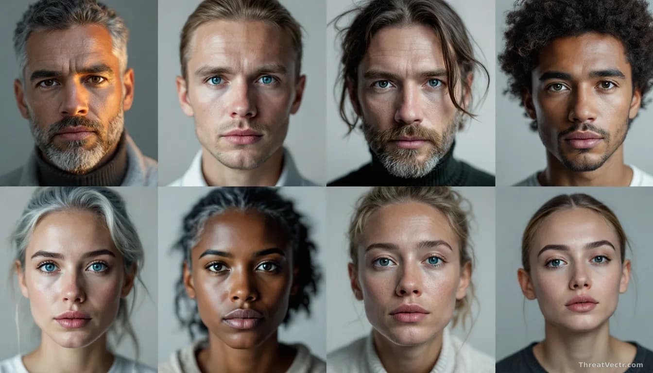 A close-up grid of eight portrait photographs arranged in two rows against a neutral grey background, half subtly lit with warm natural light suggesting authent