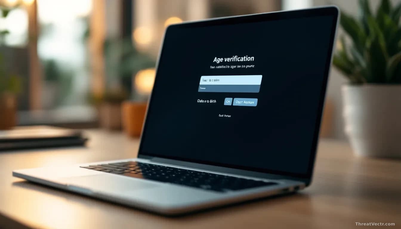 A close-up, edge-to-edge 16:9 editorial photograph of a modern laptop screen displaying a blurred, generic age-verification prompt with a simple date-of-birth f