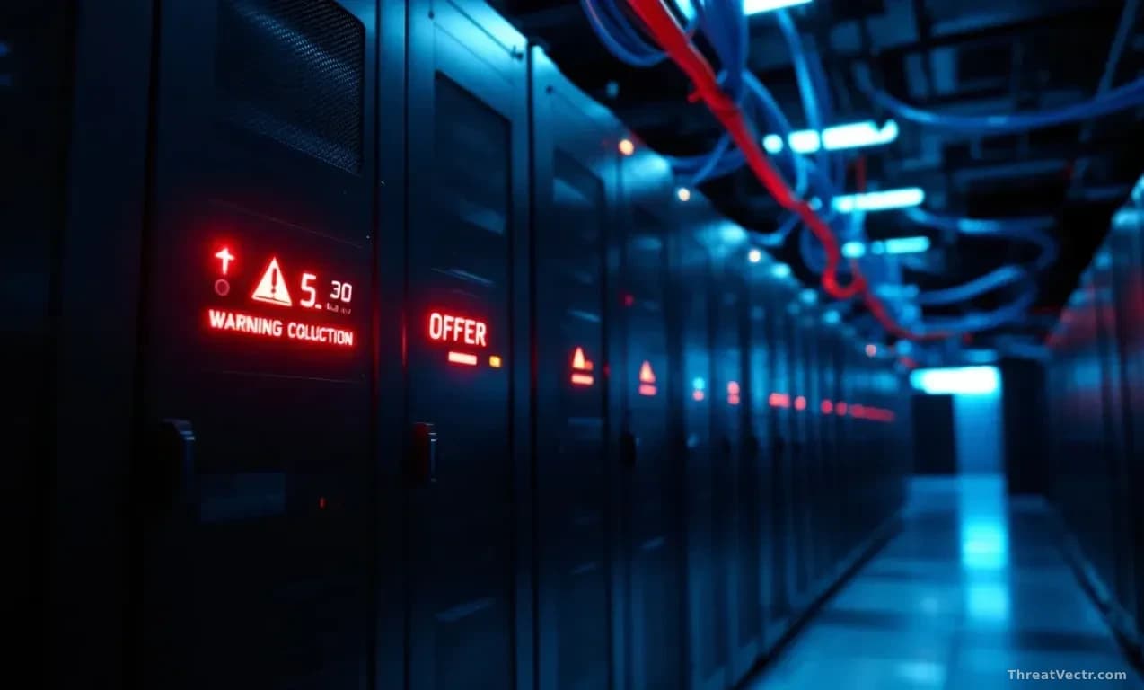 A dimly lit server room with rows of dark racks, one panel glowing red with warning indicator lights, thin blue fibre-optic cables running along the ceiling, sh