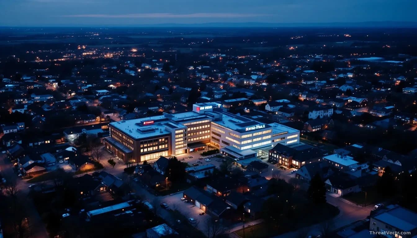 Aerial 16:9 photograph of a small rural town at dusk, with a single brightly lit modern hospital building contrasting against rows of dimly lit older structures