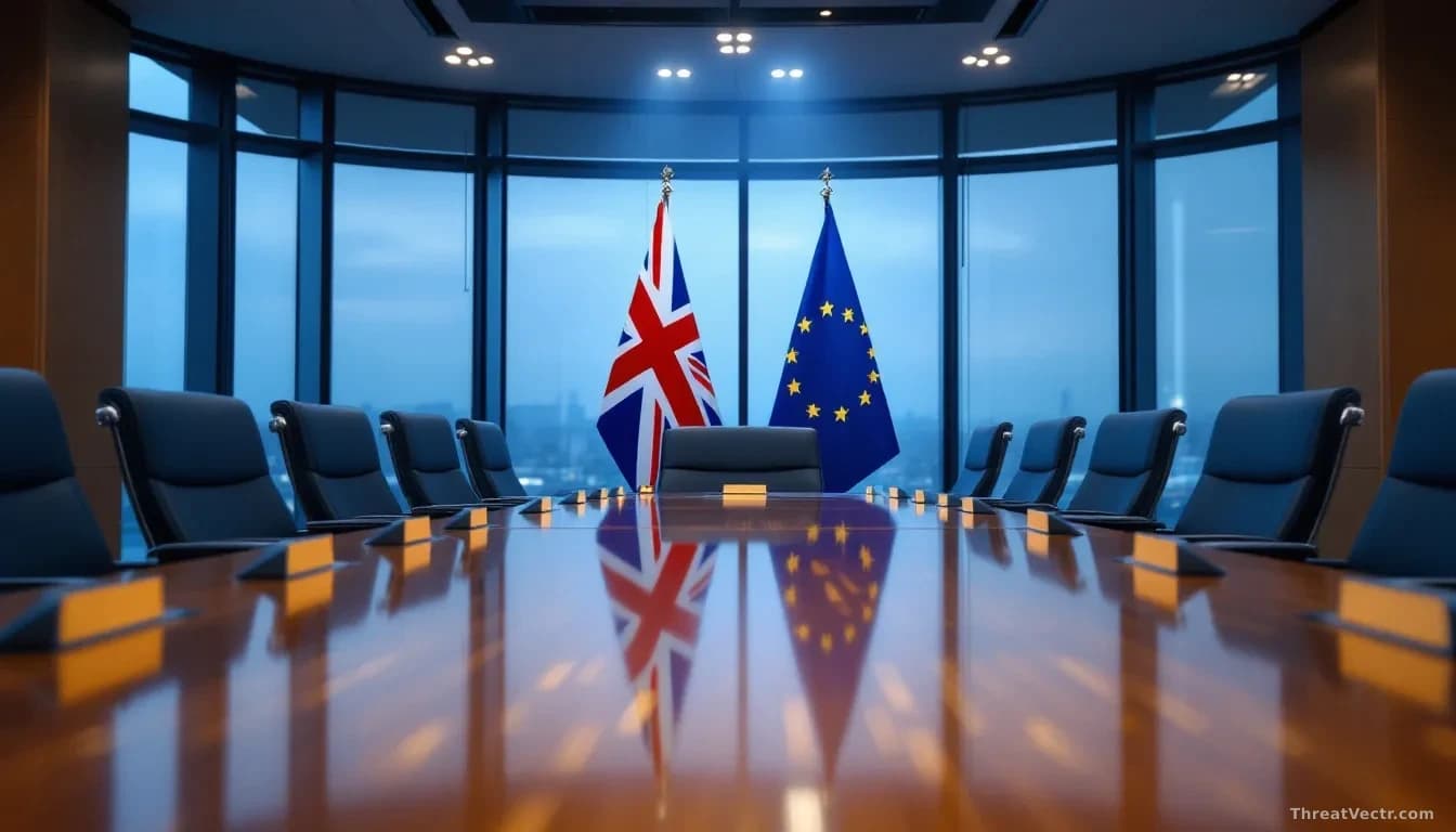 Full-frame 16:9 photoreal news-editorial shot of a European Council meeting room after hours, empty leather chairs around a curved wooden table, EU and UK flags