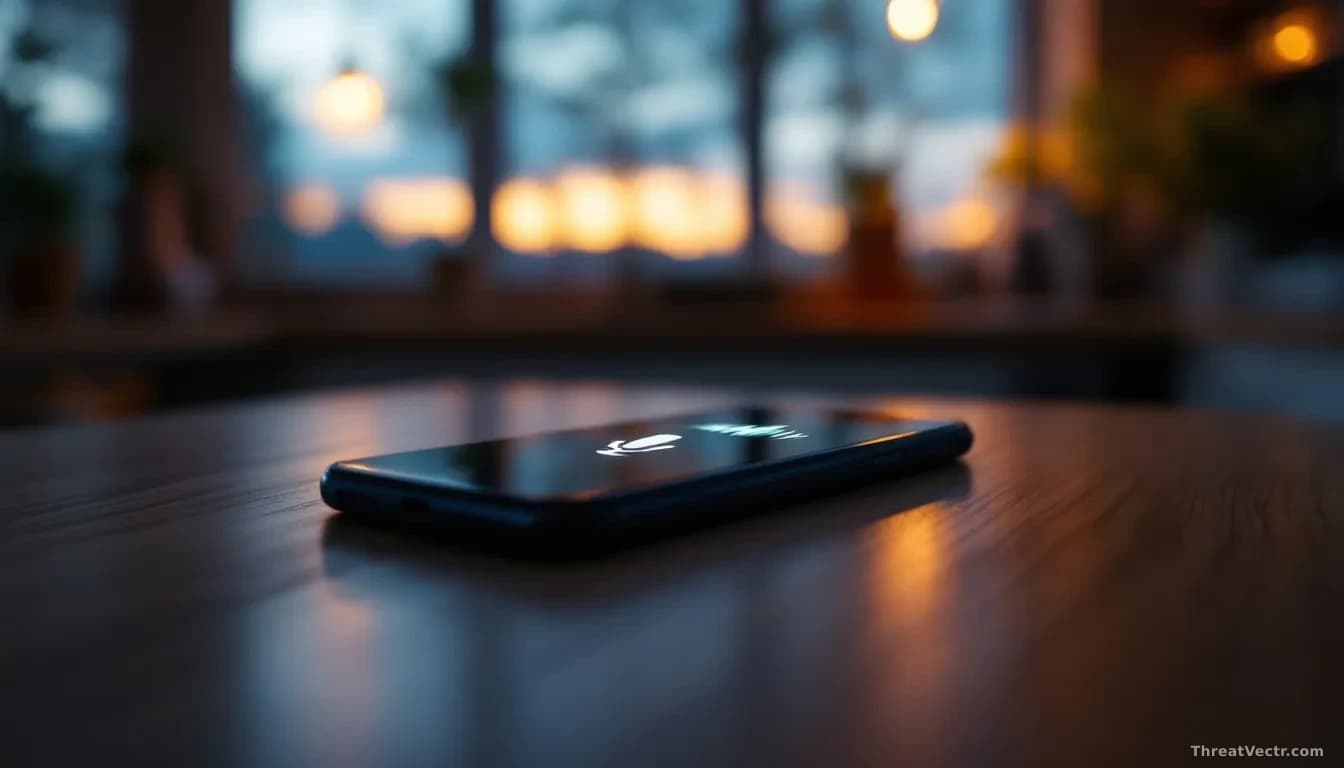 Photoreal editorial shot of a smartphone lying face up on a wooden kitchen table at dusk, microphone icon glowing softly on screen, faint audio waveform pattern