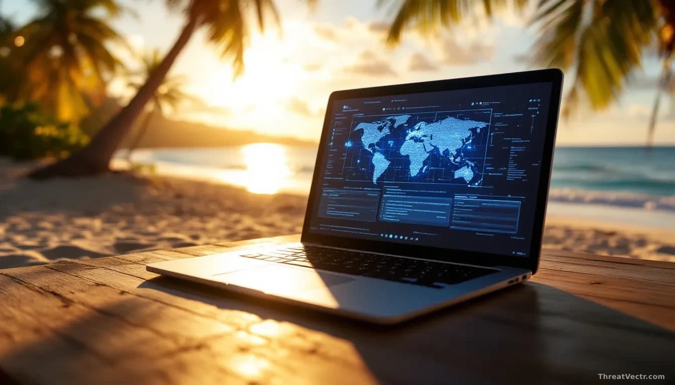 Photoreal editorial shot of a sunlit tropical beach at golden hour with a laptop open on a wooden table in the foreground, screen glowing with abstract blue log