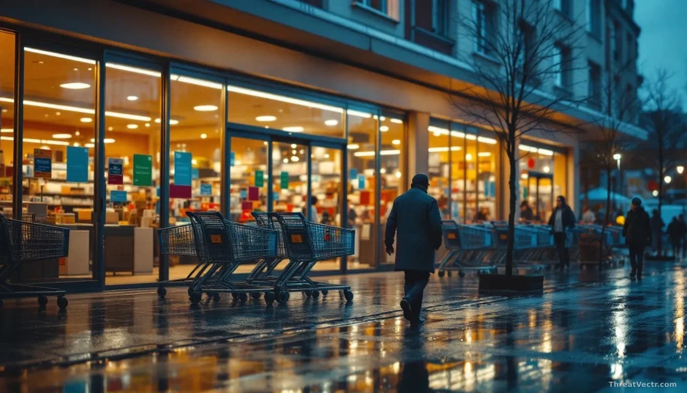 Photoreal editorial shot of a generic discount supermarket storefront at dusk in a European city, warm interior light glowing through glass doors, empty shoppin