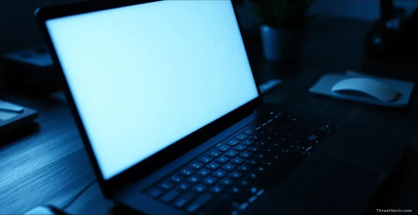 Close-up overhead shot of a plain laptop keyboard in a dimly lit office, the screen glowing pale blue, an inbox interface faintly reflected on the desk surface,