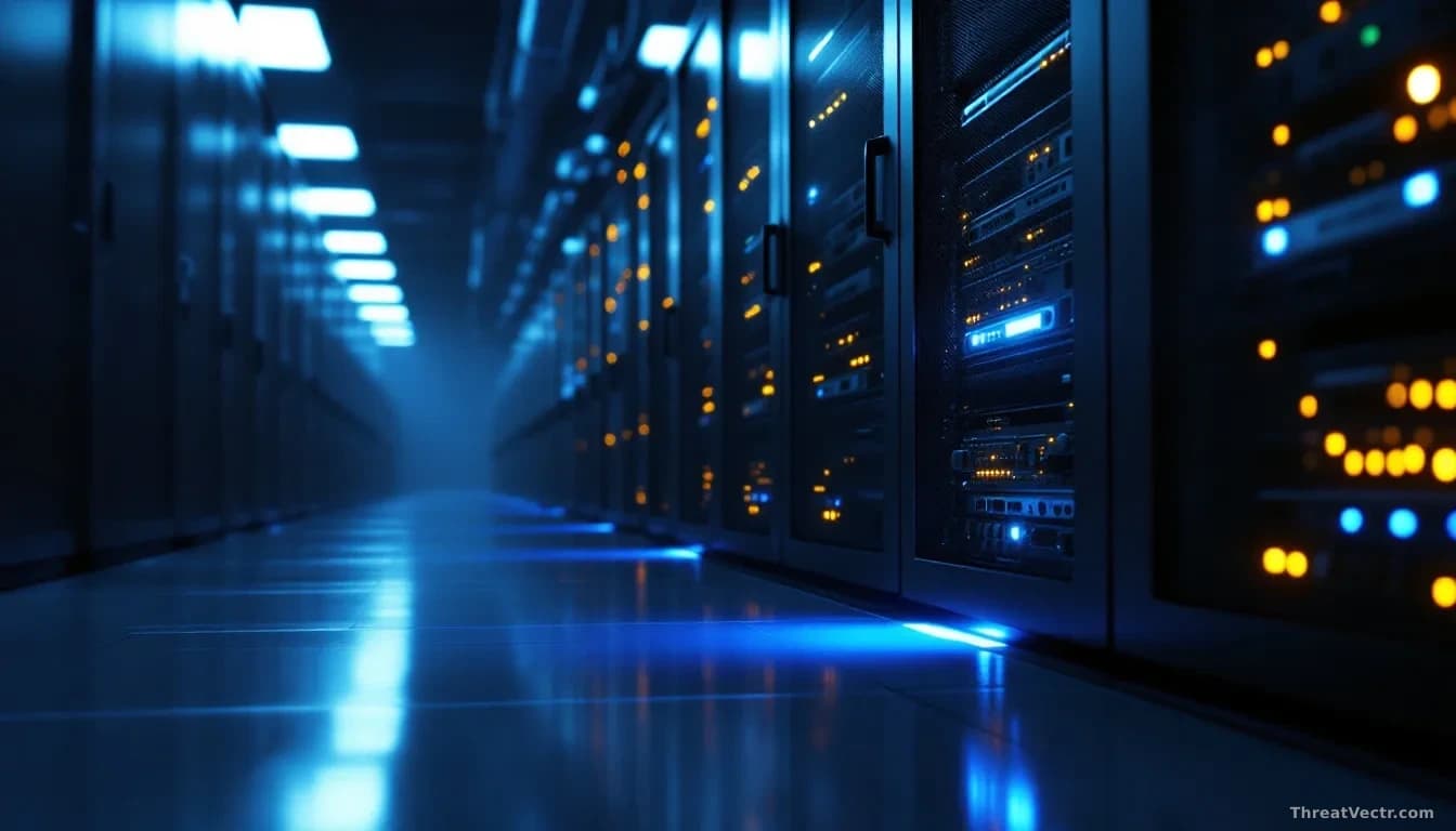 Full-frame photoreal editorial shot of a dim server room with rows of blinking network equipment, one rack door slightly ajar, a faint blue glow spilling across