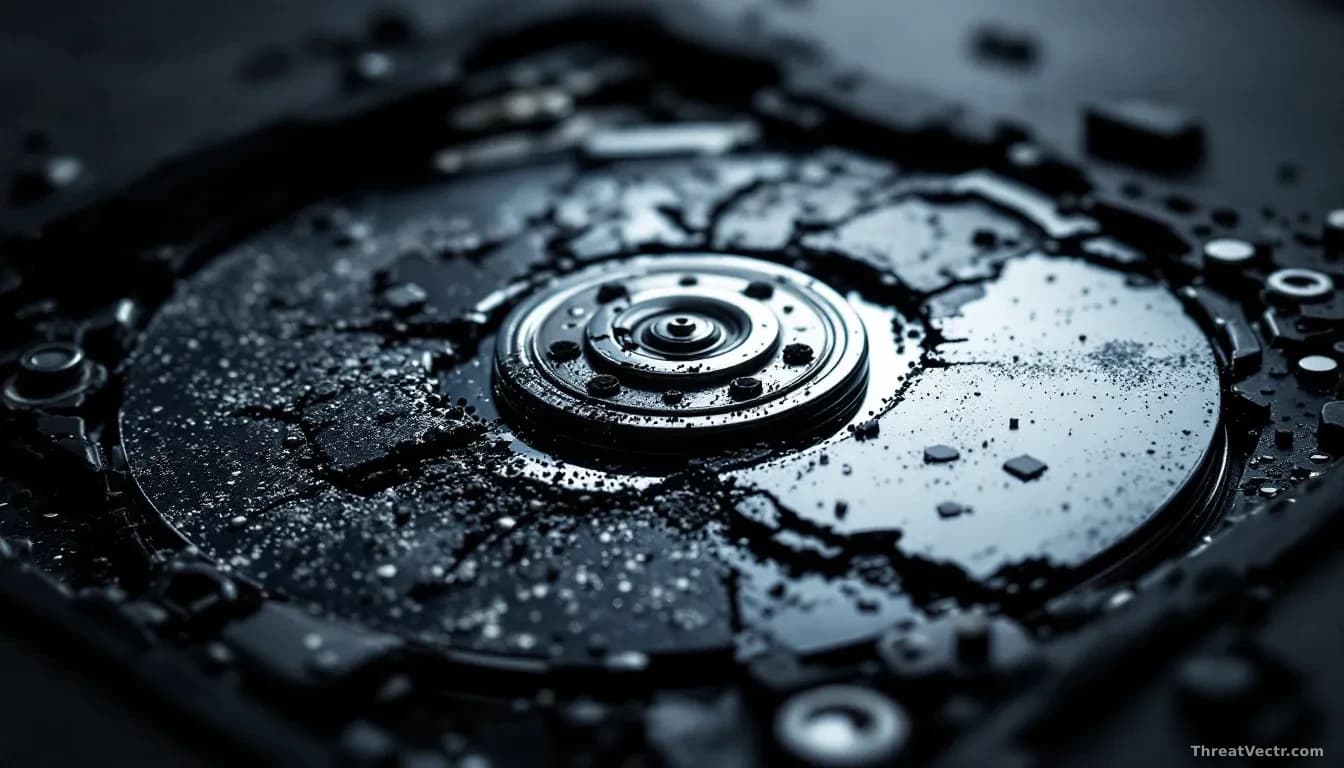 Extreme close-up of a hard drive platter mid-destruction, its magnetic surface visibly corroded and crumbling from the centre outward, set against a deep charco