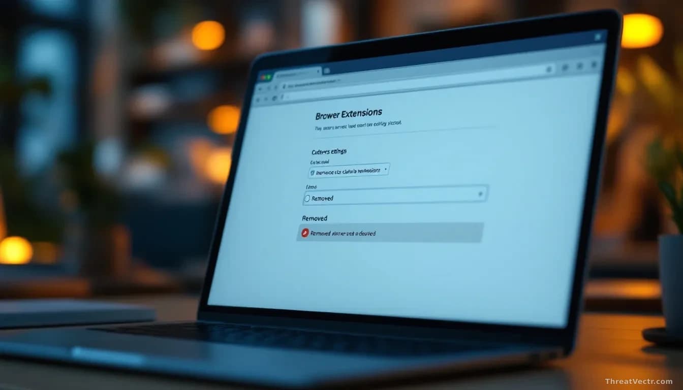 Full-frame edge-to-edge photoreal news-editorial image of a laptop screen showing a generic browser extensions settings page with one entry greyed out and marke
