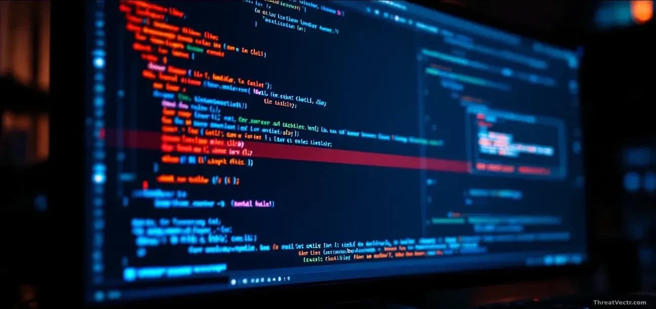 Full-frame photoreal editorial shot of a developer's dark workstation at night, the glow of a large monitor showing abstract lines of code with a single line hi