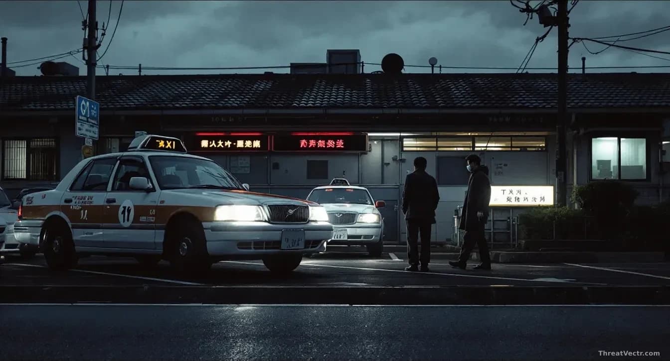 A row of Japanese taxis parked outside a Tokyo dispatch office at dusk, roof lights dark, a faint red glow from a control room window, empty street, moody overc