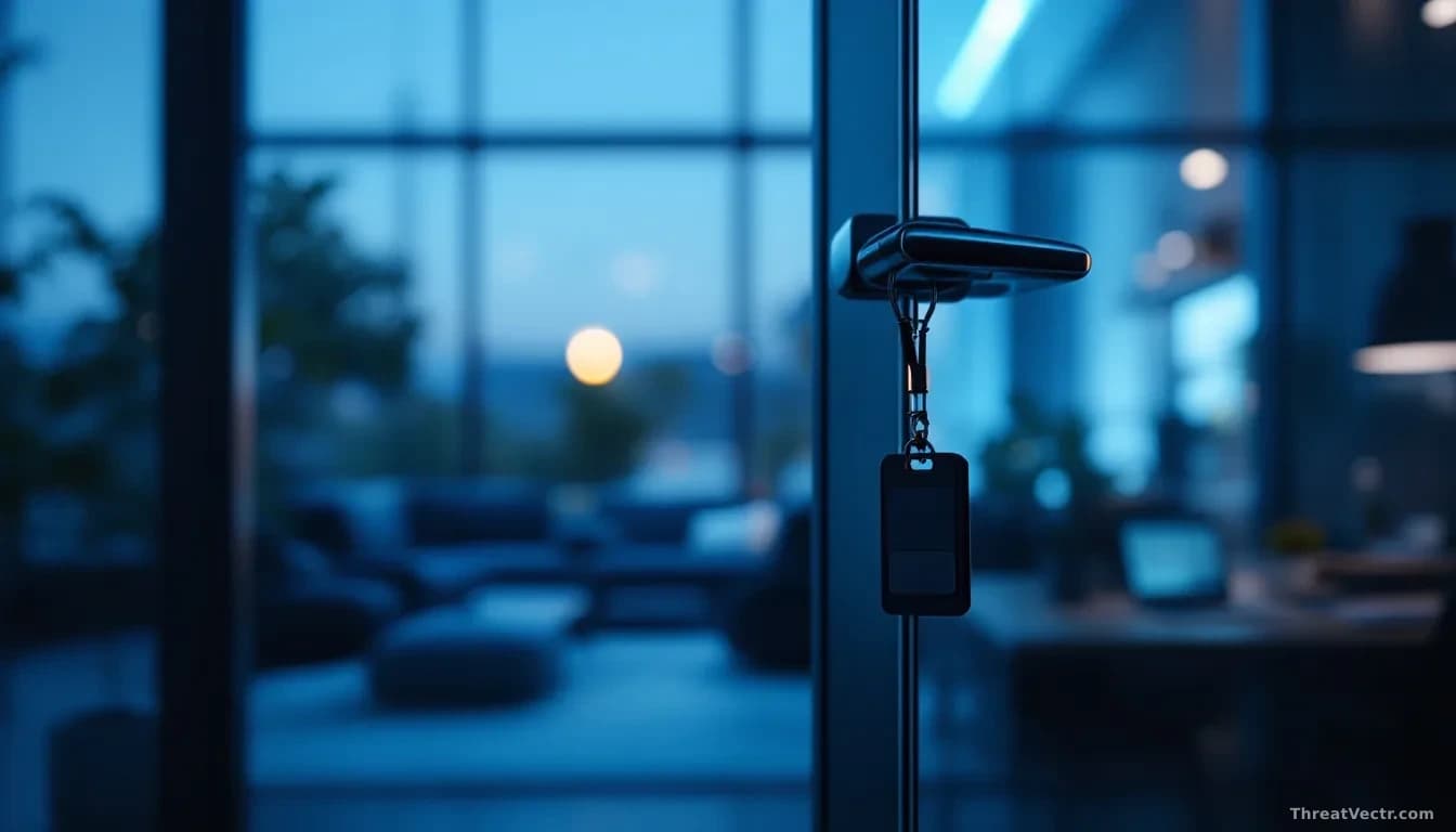 Photoreal editorial shot of a modern office at dusk, glass doors held slightly open with a keycard dangling from a lanyard on the handle, soft blue interior lig