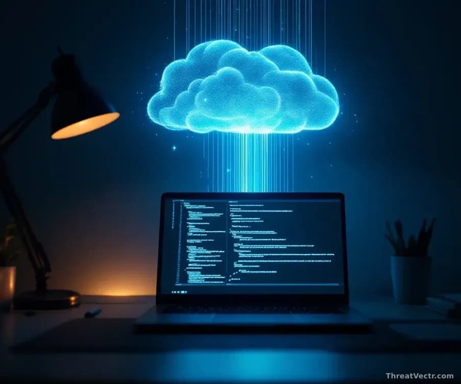 Photoreal editorial shot of a developer's dimly lit desk at night, glowing terminal window on a laptop screen showing abstract lines of code, a subtle stream of