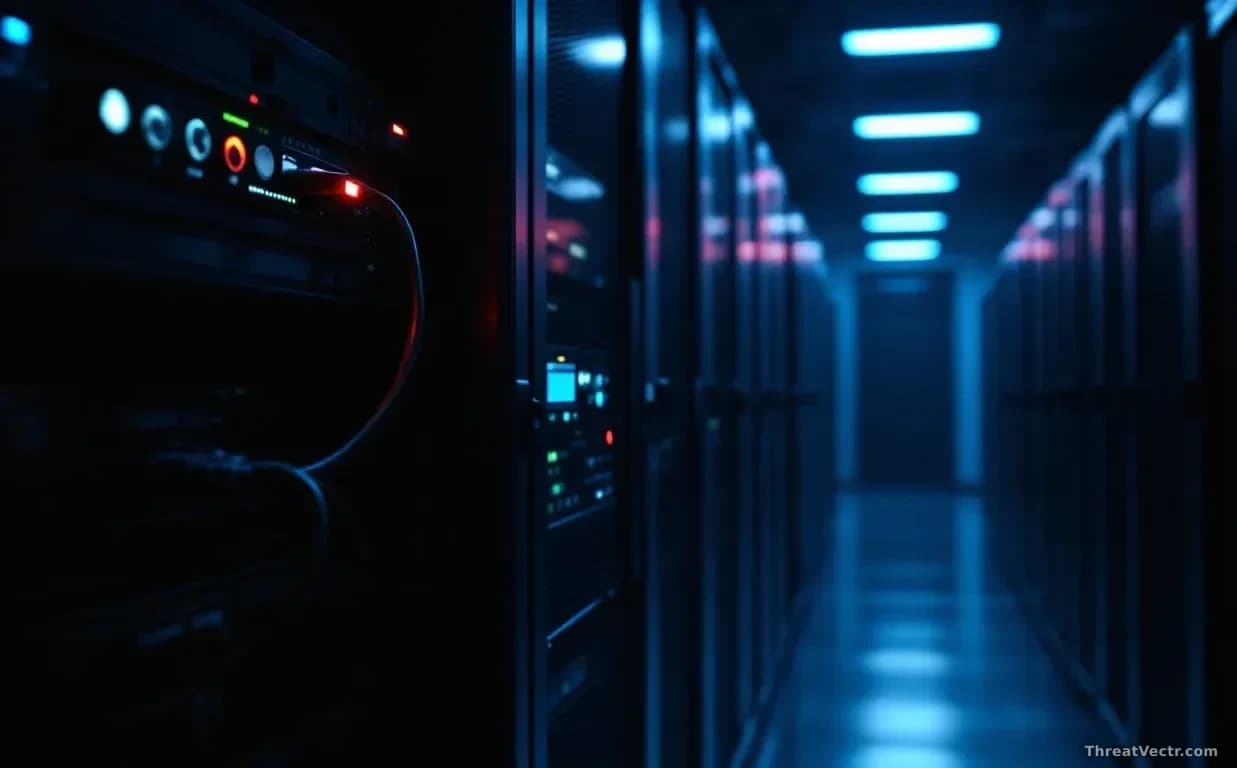 Full-frame photoreal editorial image of a dimly lit server room with rows of dark server racks, one rack visibly powered down with cables hanging loose, cool bl