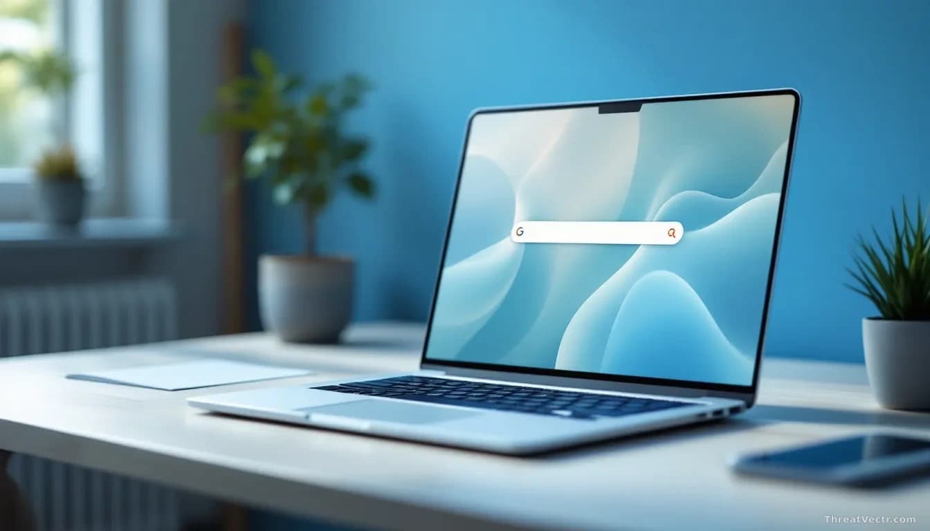 A clean, brightly lit modern laptop on a pale wooden desk, screen showing an abstract stylised search bar with soft blue and white result tiles, shallow depth o