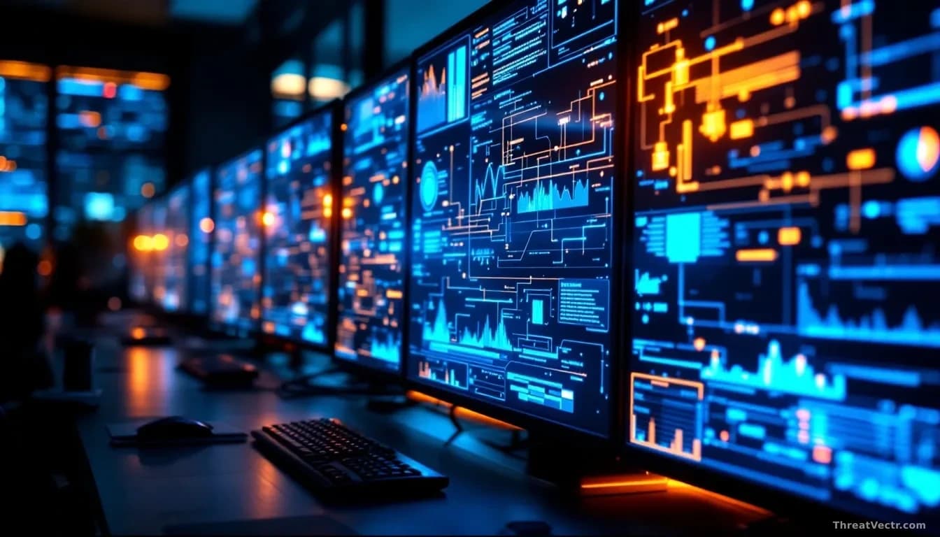 Full-frame edge-to-edge photoreal editorial shot of a modern security operations centre at night, several large monitors showing abstract network graphs and glo