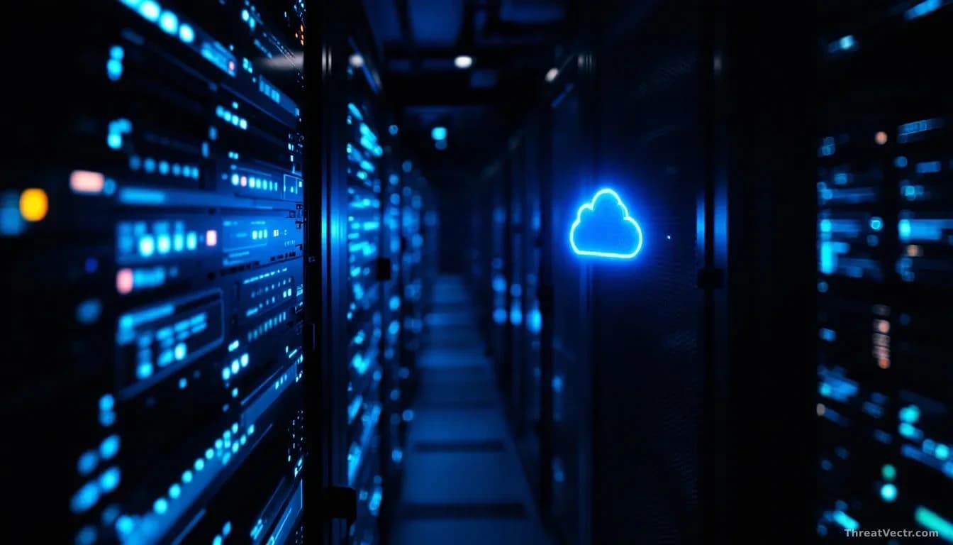 Full frame photoreal editorial shot of a dimly lit corporate server room with soft blue rack lights, a single glowing cloud-shaped indicator on a monitoring scr