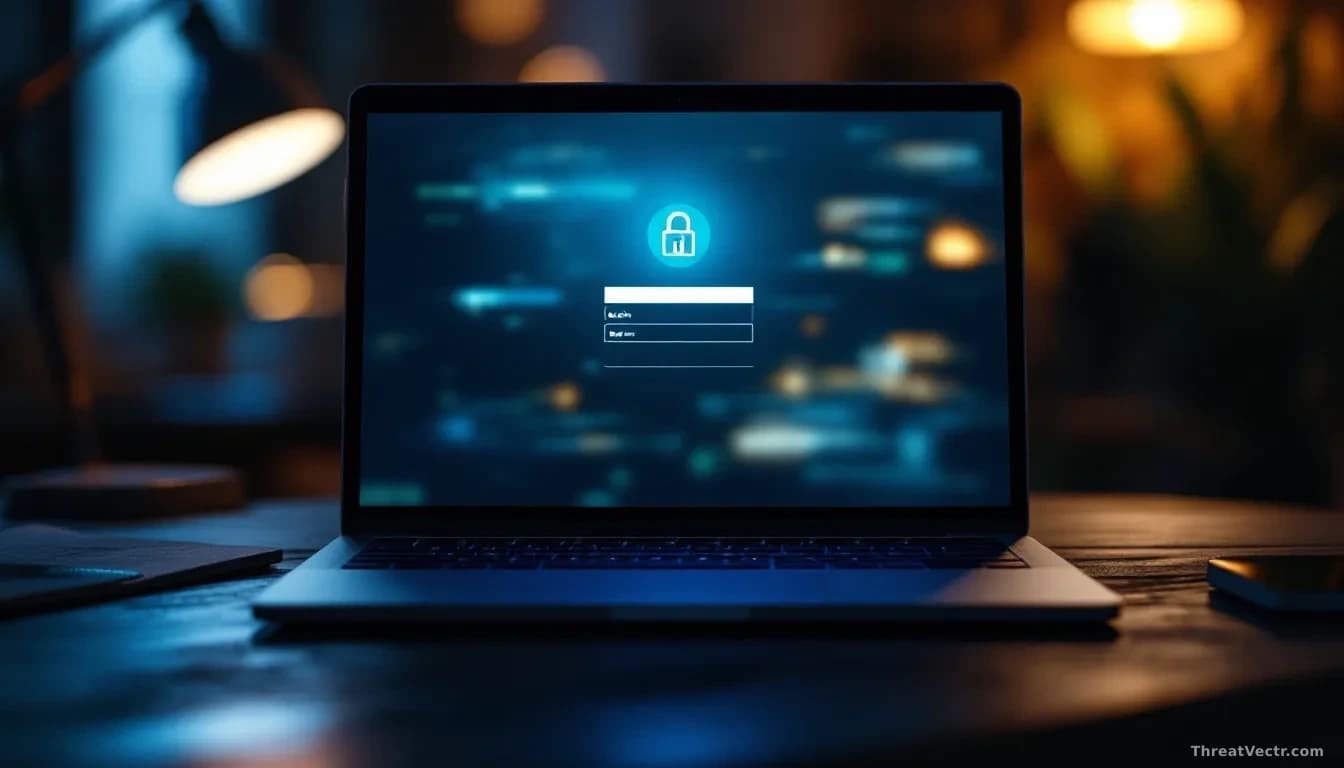 Full-frame photoreal editorial shot of a laptop screen at night showing a generic blurred login form with a padlock icon, warm desk lamp light on one side, cold